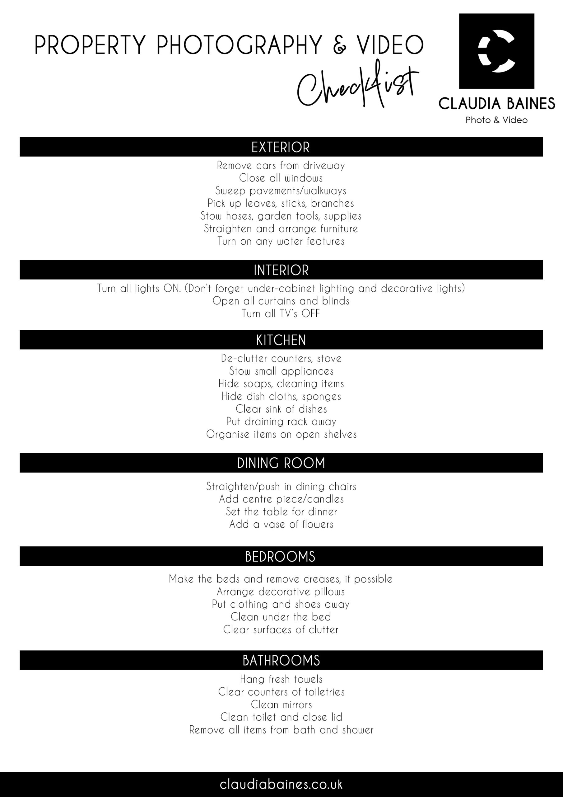 photpgraphy and video property checklist