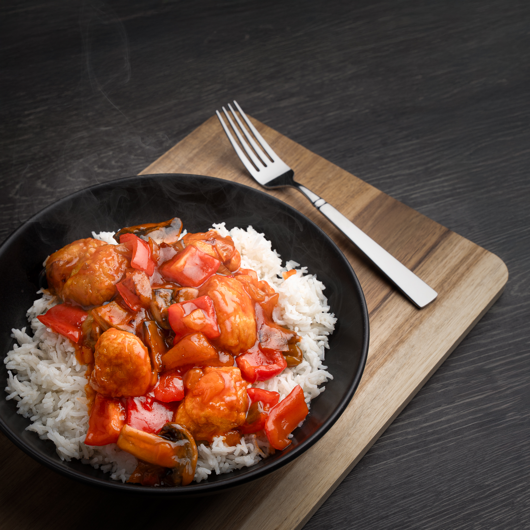 a plate of chinese sweet and sour chicken, home made in Torquay